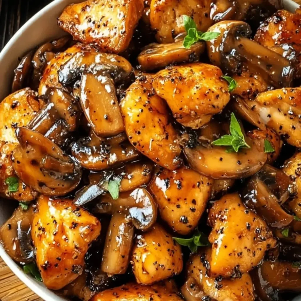Black Pepper Chicken with Mushrooms stir-fry served over white rice with a garnish of green onions in a large bowl.