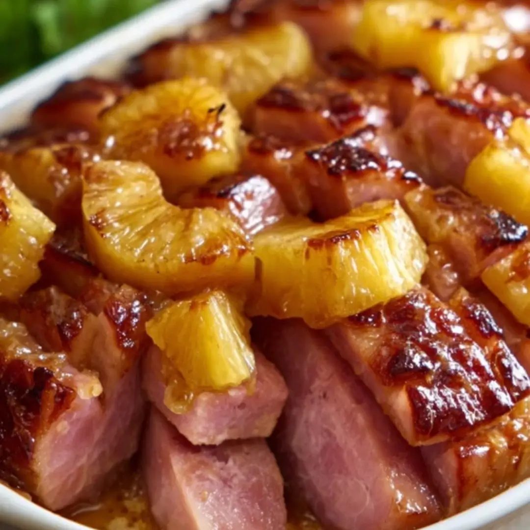 A close-up of a fully cooked ham garnished with pineapple slices and maraschino cherries, covered in a sticky brown sugar and honey glaze in a roasting pan.
