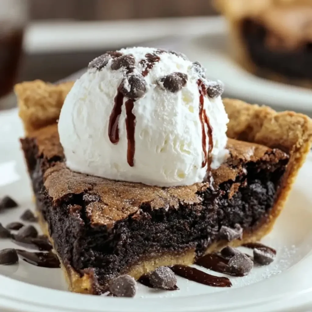 A warm slice of Brownie Pie in a flaky crust, topped with a scoop of melting vanilla ice cream and a drizzle of whipped cream.
