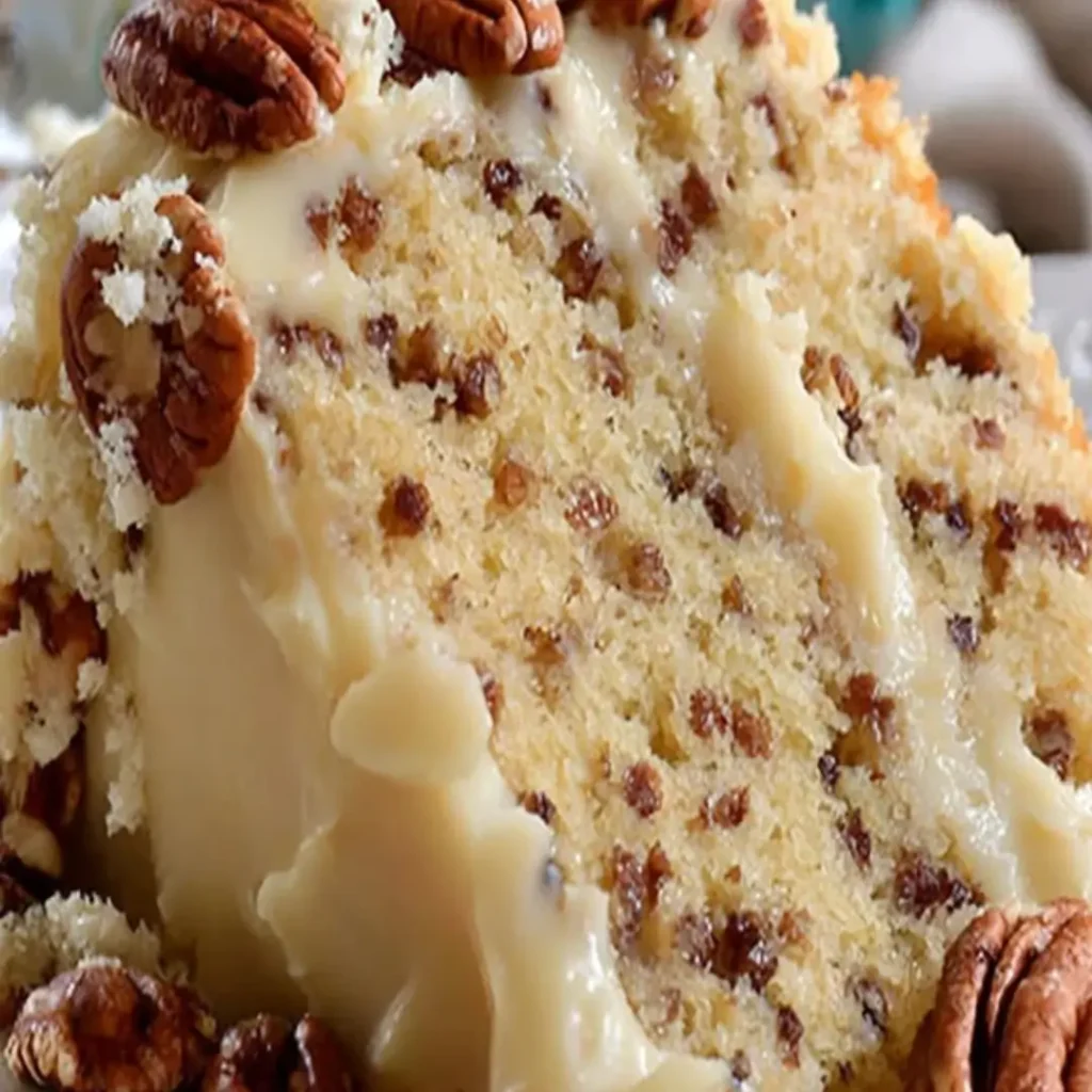 Two-layer homemade butter pecan cake with cream cheese frosting and toasted pecans on top.