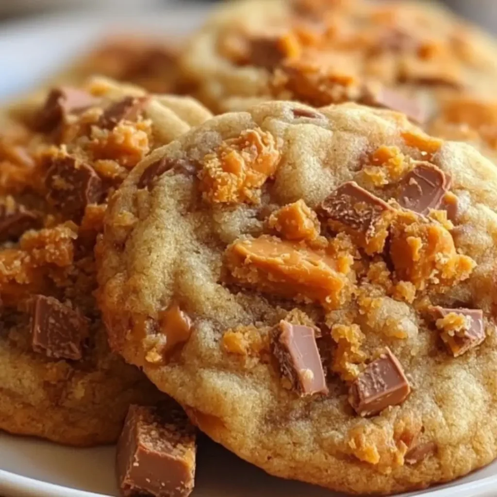 Close-up of freshly baked Butterfinger Caramel Crunch Cookies on a cooling rack, showing melted caramel, chocolate chips, and crushed Butterfinger pieces.