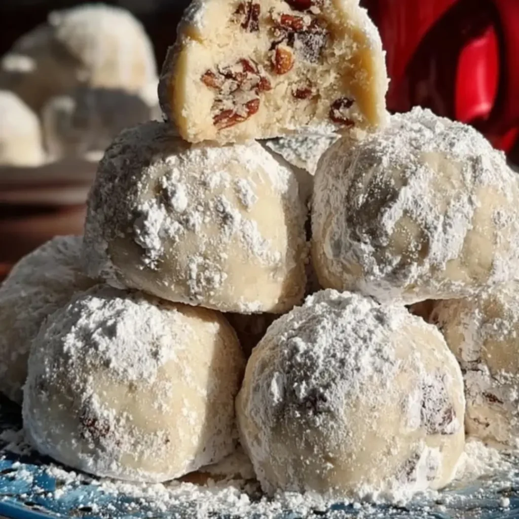 Buttery Pecan Snowball Cookies on a white plate, coated heavily in powdered sugar, with a few whole pecans scattered nearby.