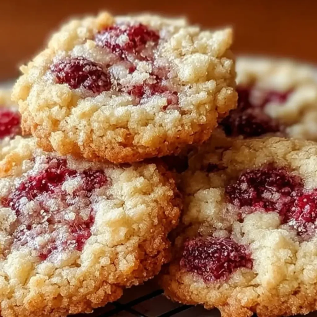 Buttery Raspberry Crumble Cookie baked in a muffin tin, showing the golden shortbread crust, red jam center, and rich crumble topping dusted with powdered sugar.