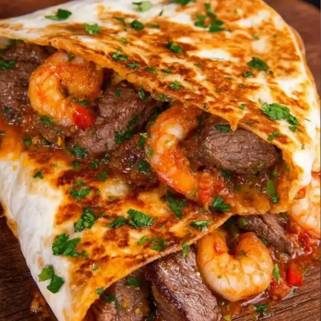 Crispy, golden-brown quesadilla wedges stuffed with Creole-seasoned sirloin steak, pink shrimp, melted Monterey Jack and Cheddar cheese, garnished with chopped green onions.