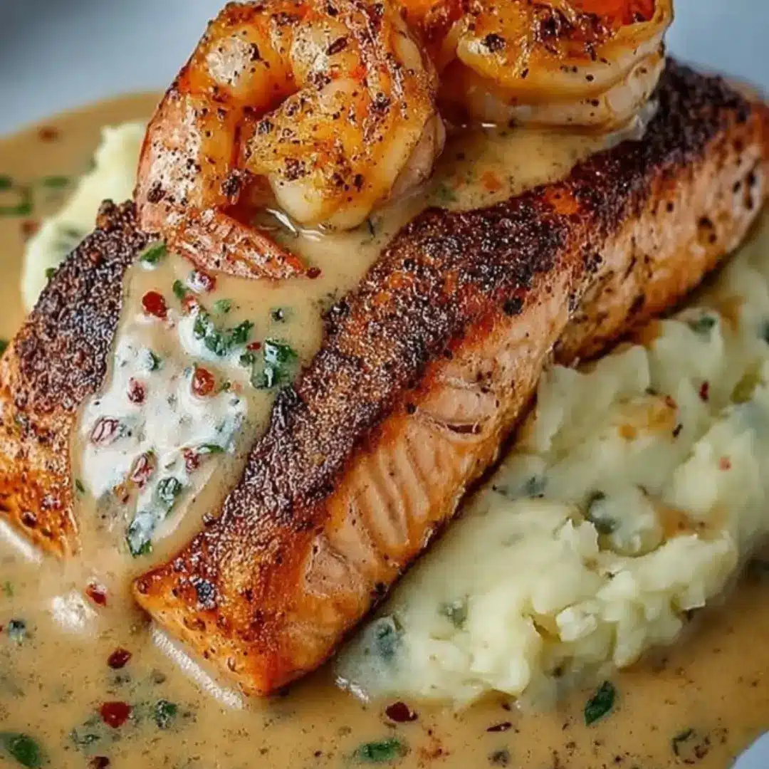 Cajun Salmon and Shrimp with Creamy Mashed Potatoes, garnished with fresh chives, in a white bowl.