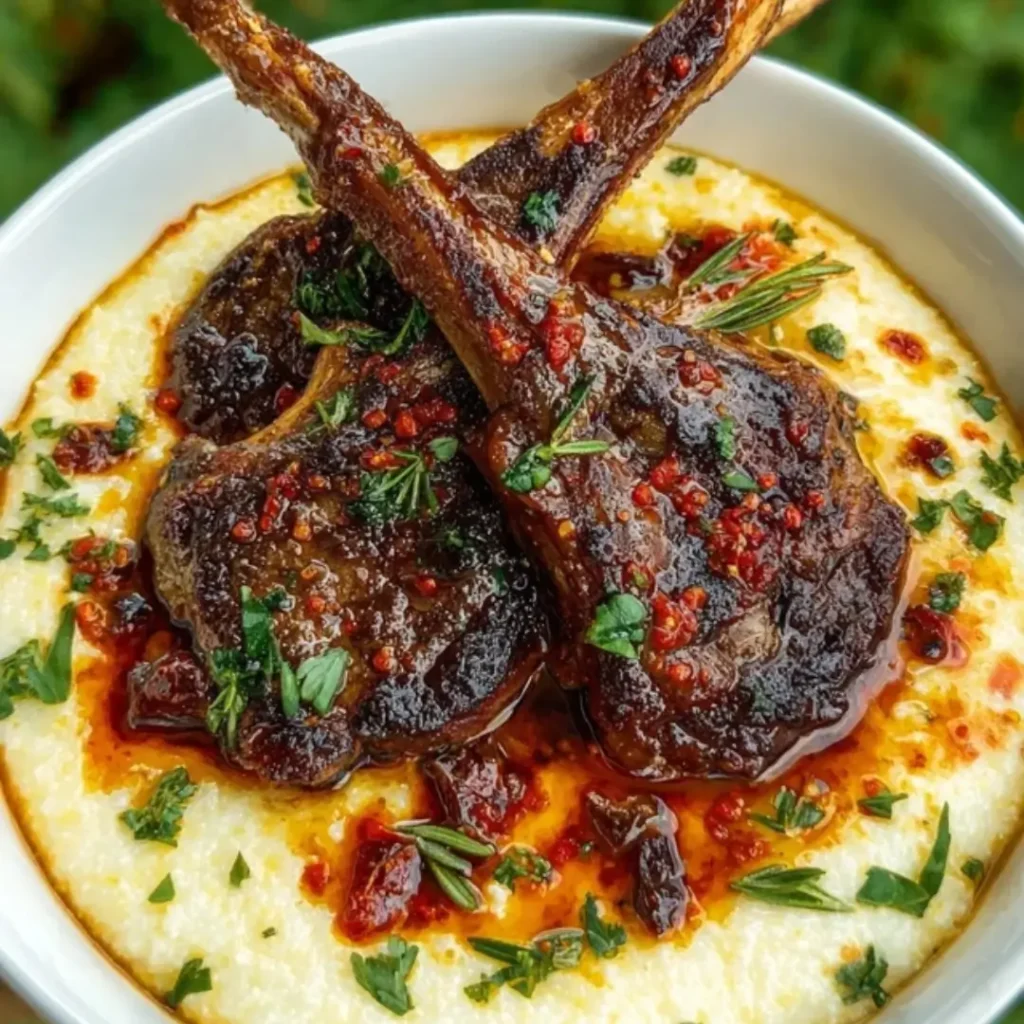 Cajun Honey Butter Lamb Chops resting on a generous serving of Creamy Asiago Grits. The lamb is visibly glazed, and the grits are topped with fresh chives.
