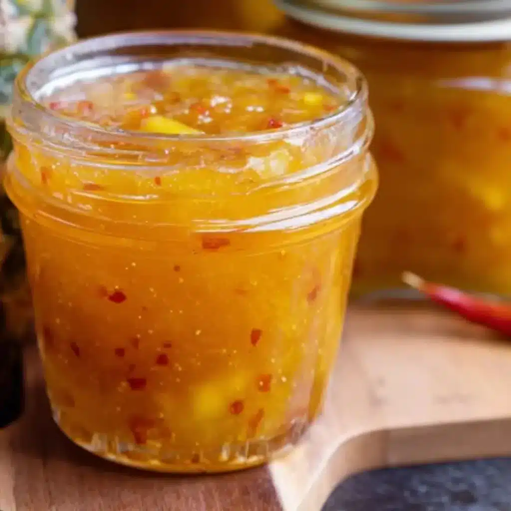 A close-up of vibrant orange-red sweet chilli pineapple sauce being poured from a hot saucepan into a clear glass canning jar.