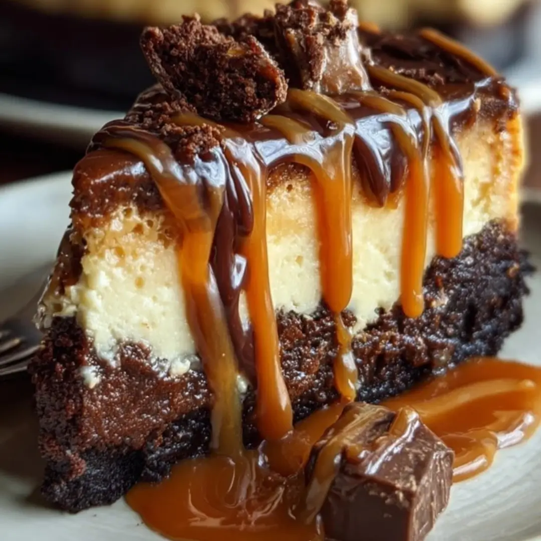 Caramel Brownie Cheesecake with a thick, fudgy brownie base, creamy cheesecake layer, and smooth caramel topping, garnished with chopped pecans.
