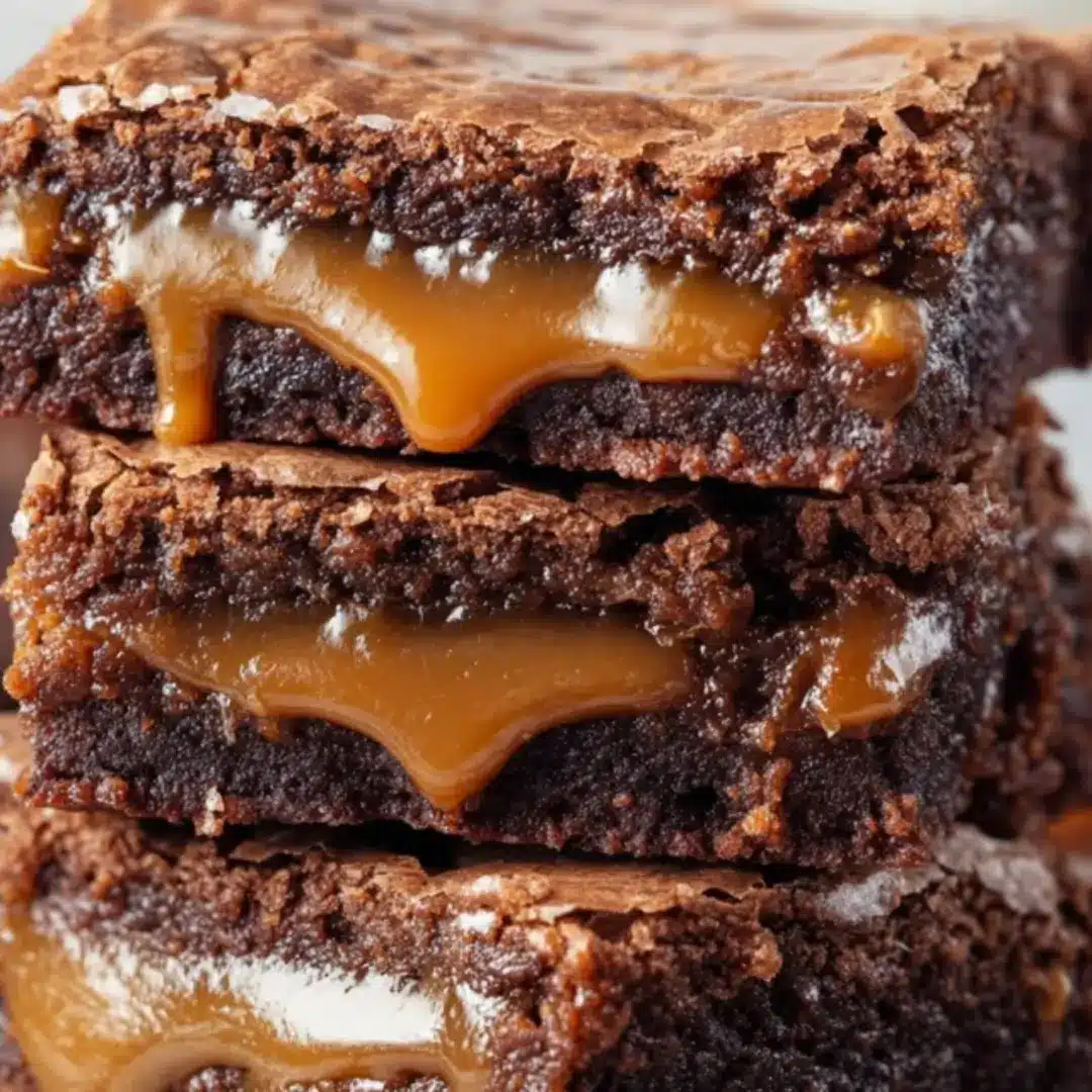 Fudgy caramel brownies sliced on a cooling rack, showing the distinct layer of gooey caramel inside.