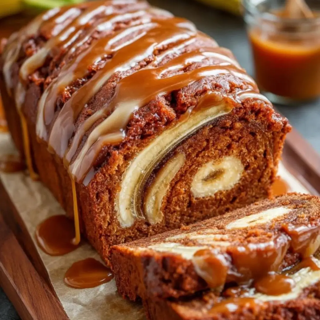 A slice of moist, caramel swirl banana bread on a white plate, showing thick, gooey ribbons of baked caramel and a drizzle of extra sauce on top.