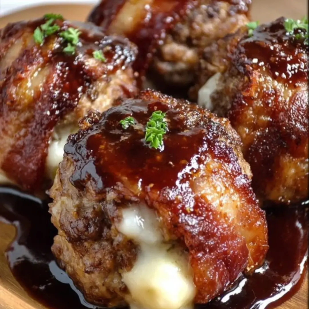 Bacon-wrapped ground beef bombs stuffed with melted cheddar cheese and brushed with BBQ sauce on a wire rack.