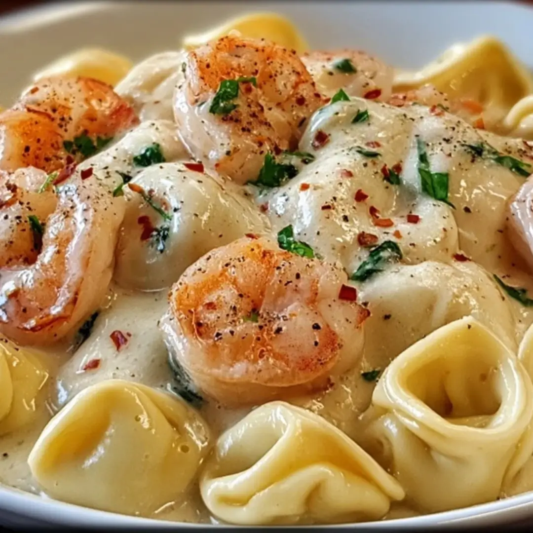 A close-up photo of creamy Cheese Tortellini Shrimp Alfredo garnished with fresh parsley.