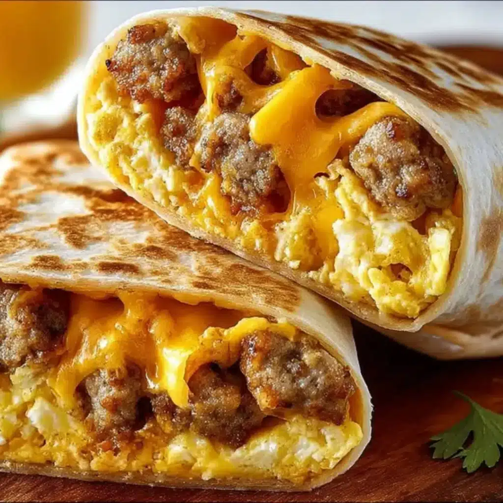 Close-up of a tightly rolled and toasted Cheesy Sausage and Egg Wrap, sliced diagonally, garnished with fresh parsley.