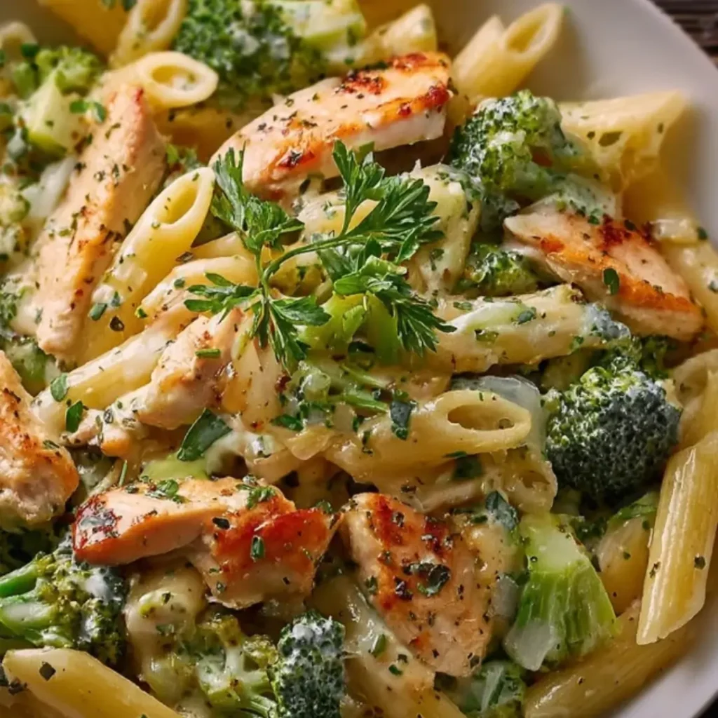 Creamy chicken and broccoli penne pasta dish served in a white bowl, garnished with fresh chopped parsley.