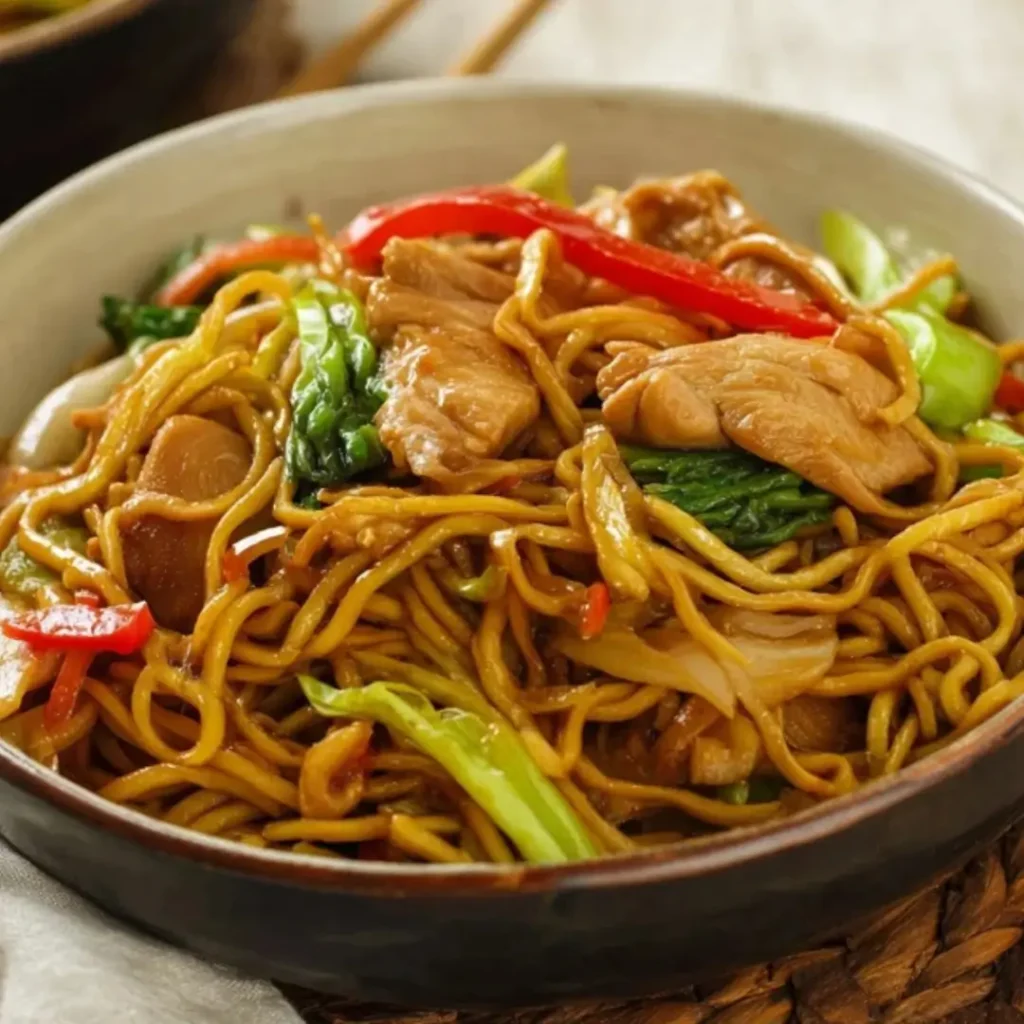 Chicken Chow Mein stir-fried in a black wok with egg noodles, sliced chicken, cabbage, carrots, and a glossy savory sauce. Topped with fresh green onions.
