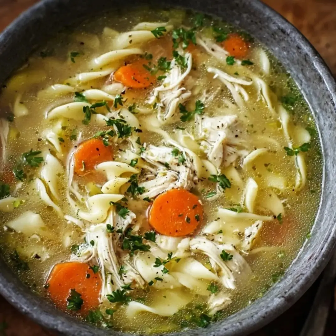 Homemade Chicken Noodle Soup in a white bowl garnished with fresh parsley and a lemon wedge, sitting on a wooden surface with a spoon dipped into the savory broth.