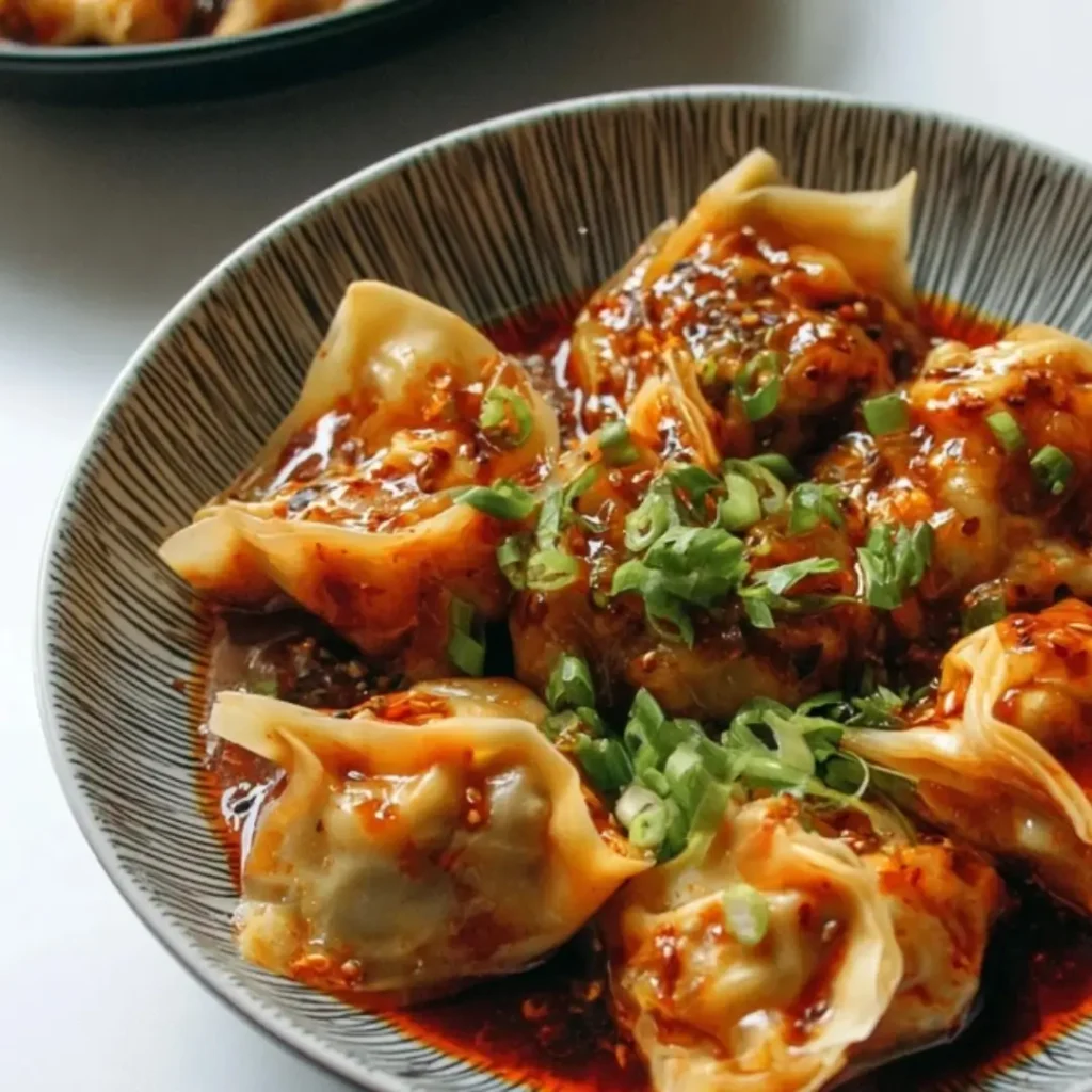 Plated chicken wontons drizzled generously with a vibrant red spicy chili sauce, garnished with sliced green scallions and sesame seeds.