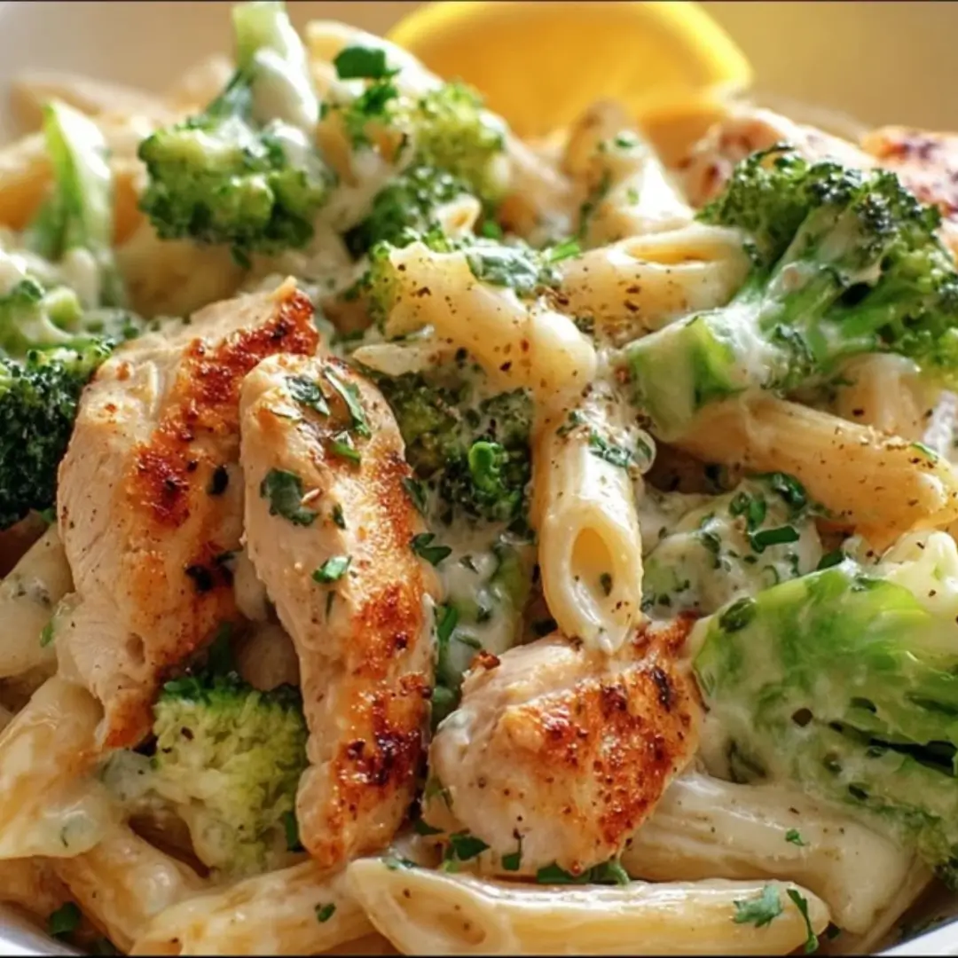 Creamy Chicken and Broccoli Pasta dish served in a white bowl, topped with Parmesan and fresh parsley.