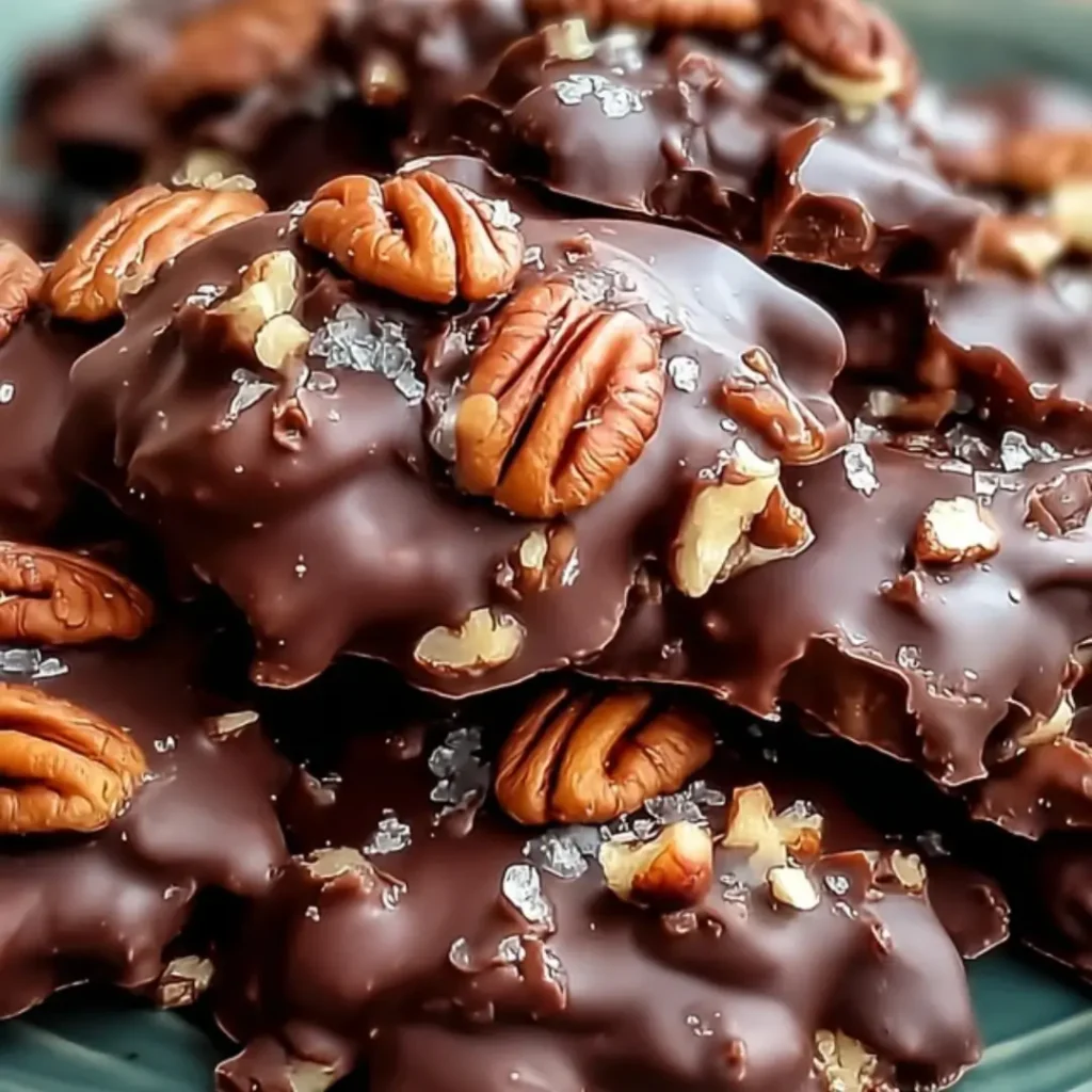 Toasted pecan clusters topped with melted caramel, drizzled with glossy chocolate, and sprinkled with flaky sea salt on parchment paper.