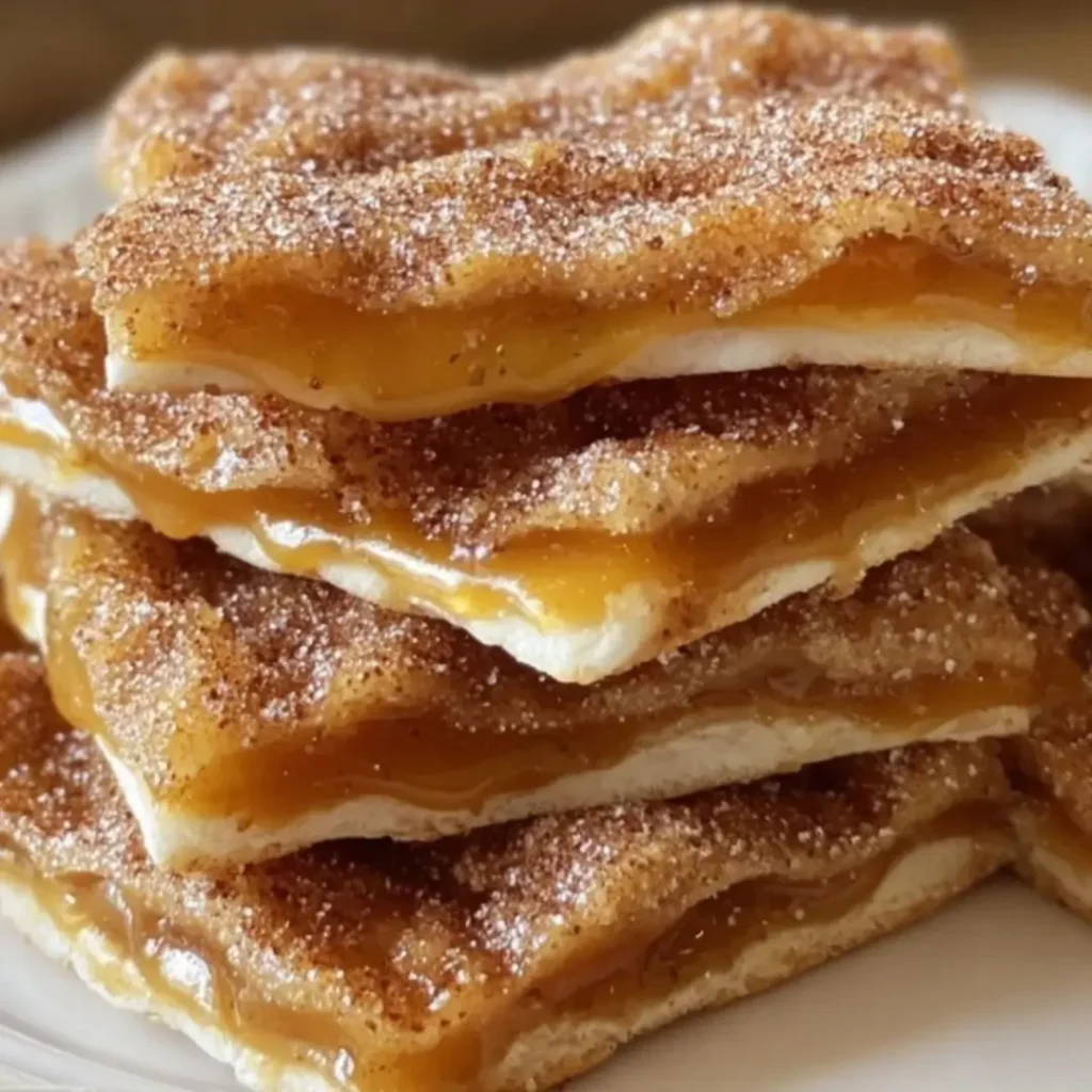 A close-up of broken pieces of Churro Cracker Candy, showing the white chocolate layer, crispy saltine base, and thick dusting of cinnamon sugar