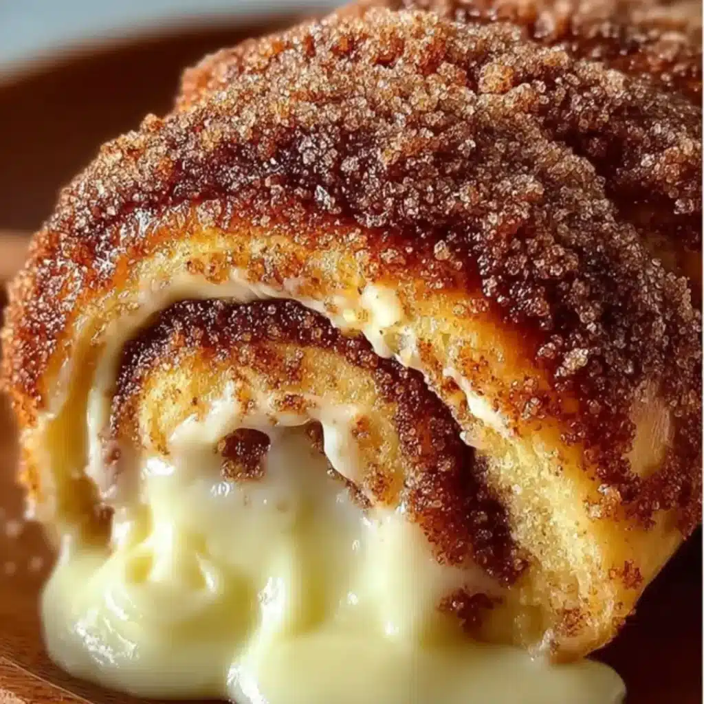 Close-up of baked Cinnamon Sugar Cream Cheese Rolls on parchment paper, golden brown and coated in crunchy sugar mixture.