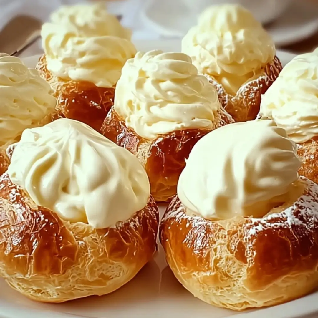 Classic Cream Puffs filled with vanilla whipped cream and drizzled with melted semi-sweet chocolate ganache on a serving plate.
