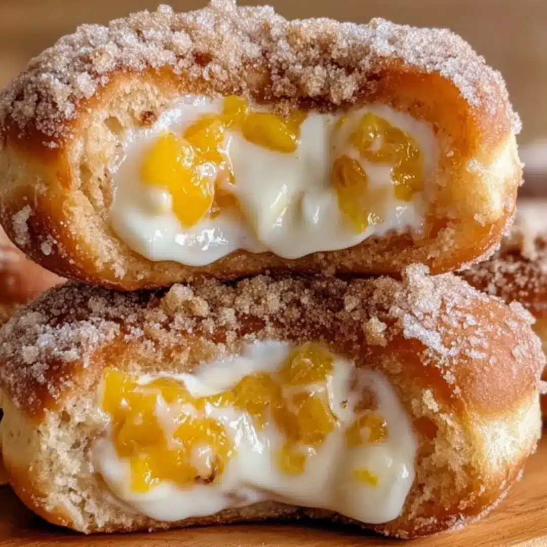 Layered baked donut split in half, filled with creamy cheesecake, topped with warm, spiced peach cobbler filling and a golden brown crumble.