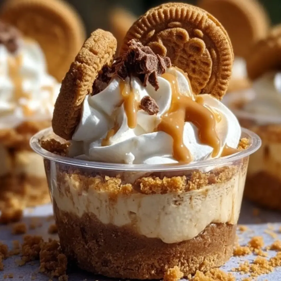 Six individual glass cups filled with creamy, light brown cookie butter cheesecake on a dark brown Biscoff crust, topped with a cookie butter drizzle and crushed cookies.