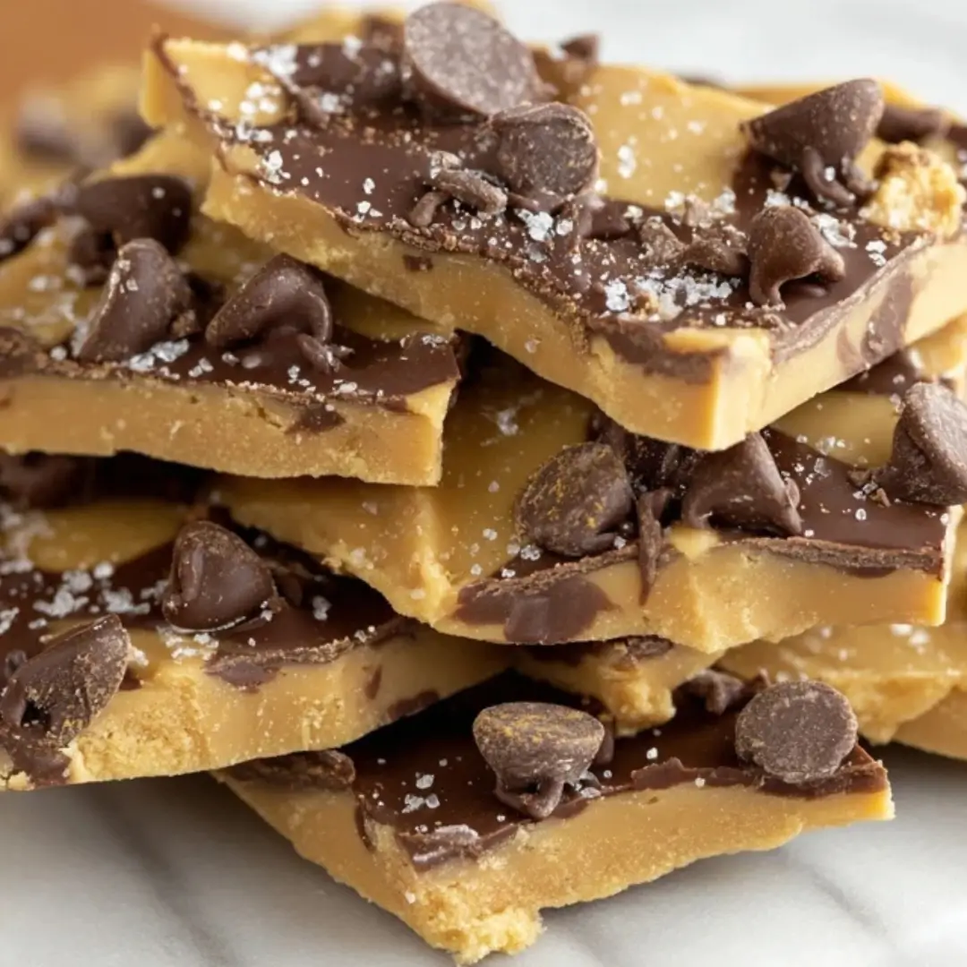 Safe-to-eat cookie dough bark broken into irregular pieces, showing a semi-sweet chocolate base and raw edible cookie dough chunks with mini chocolate chips.