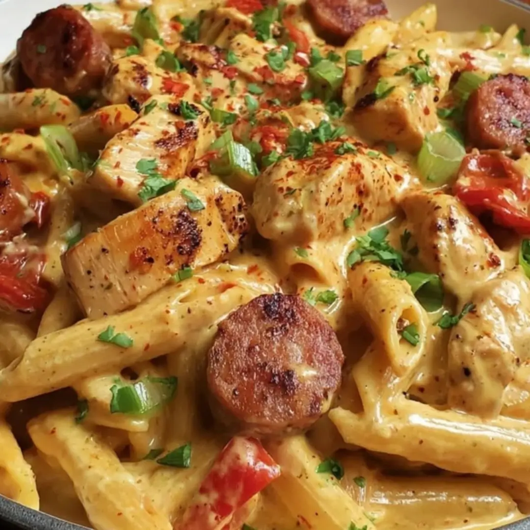 Creamy Cajun pasta in a skillet, featuring penne coated in a rich, orange-red sauce, tender chicken strips, and sliced smoked sausage, garnished with fresh parsley.