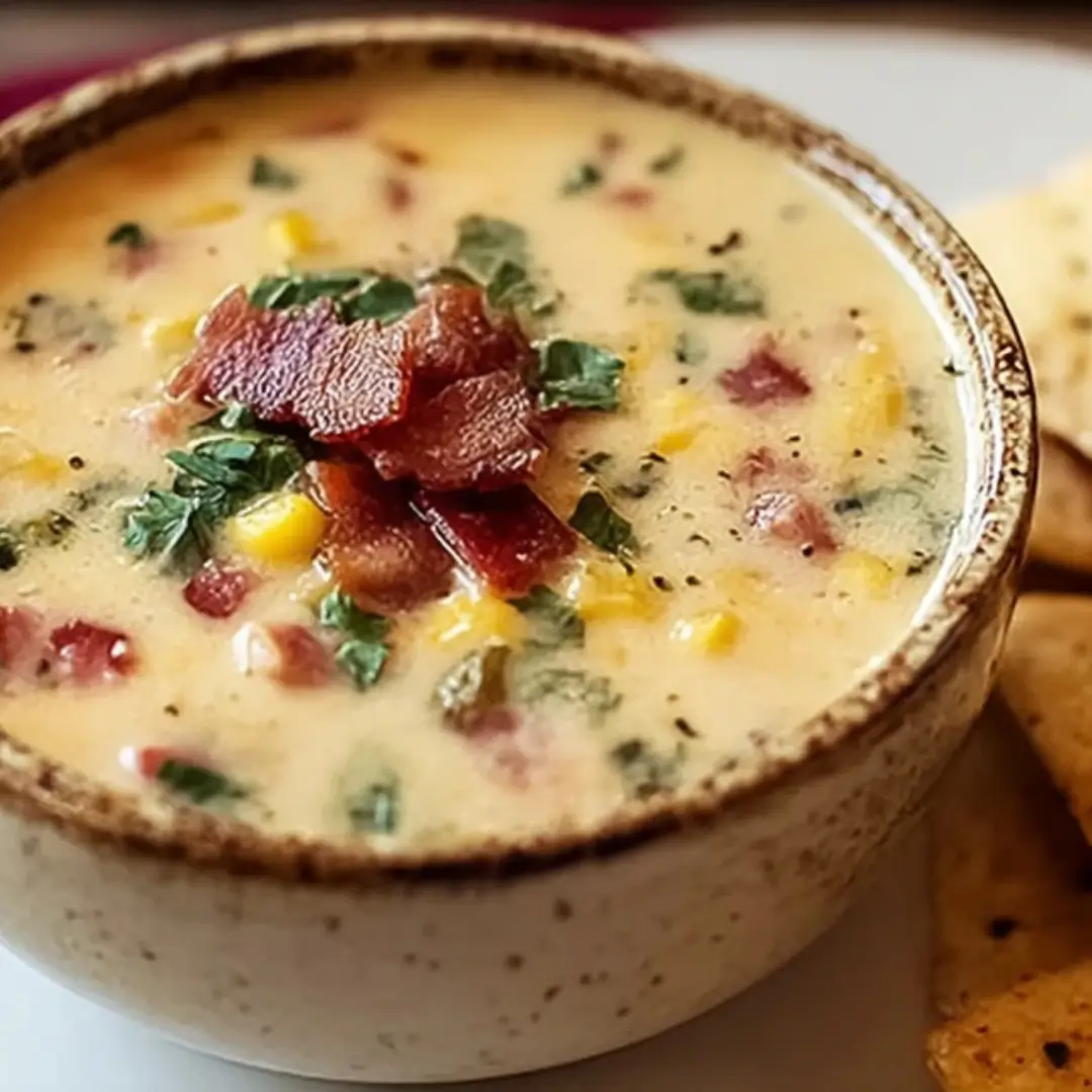 Creamy Cowboy Soup in a bowl garnished with green onions and parsley, showing the hearty texture of ground beef, corn, potatoes, and beans in a thick, savory, creamy broth.
