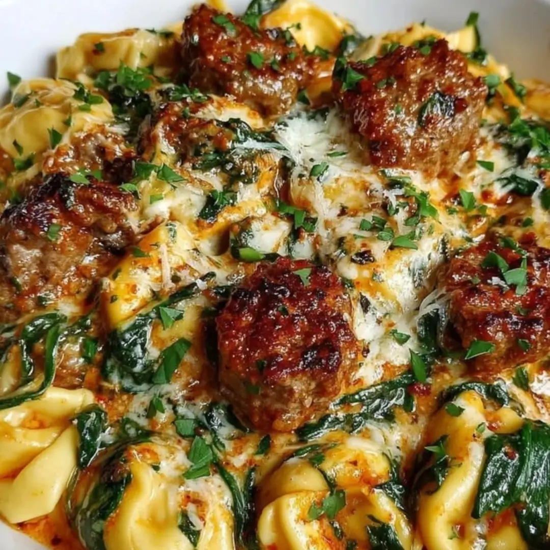 Creamy garlic butter tortellini with Italian sausage, wilted spinach, and Parmesan cheese in a deep skillet.