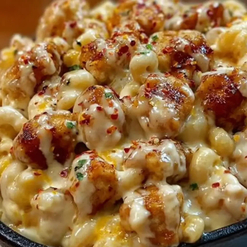 Bowl of creamy mac and cheese with elbow pasta, shredded chicken, and a drizzle of honey glaze, garnished with fresh parsley.