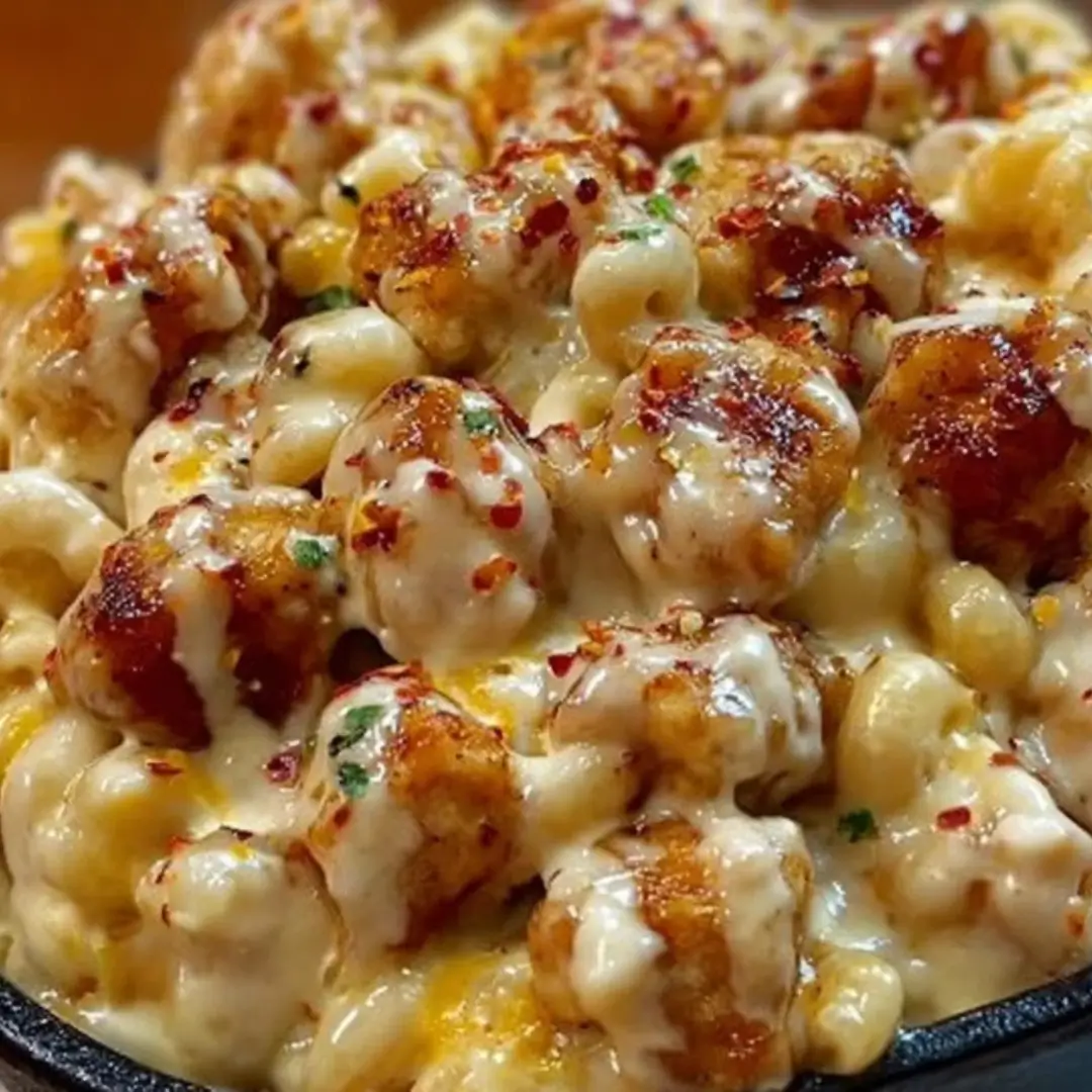 Bowl of creamy mac and cheese with elbow pasta, shredded chicken, and a drizzle of honey glaze, garnished with fresh parsley.