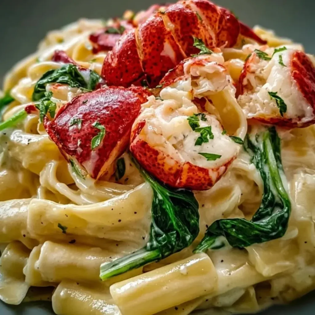 Creamy fettuccine pasta coated in Alfredo sauce, tossed with bright red pieces of sweet lobster meat and fresh parsley.