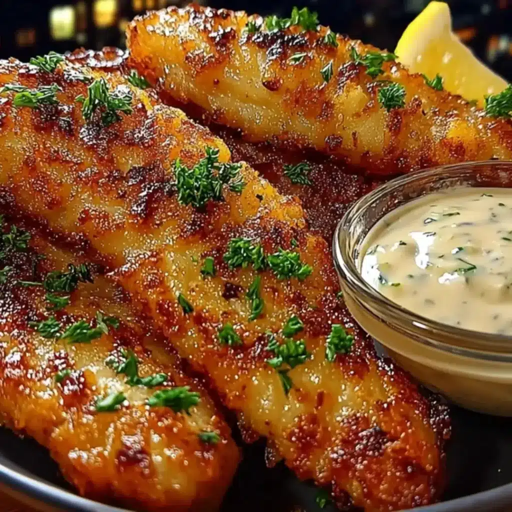 Crispy cod strips coated in panko and cornmeal, served hot with a bowl of homemade dill tartar dipping sauce and fresh lemon wedges.