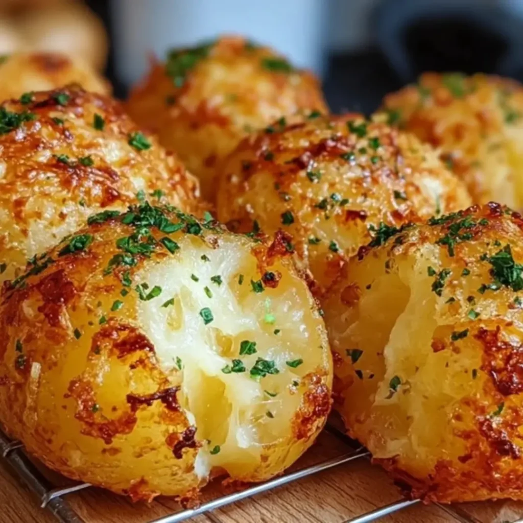 Crispy Potato & Cheese Bombs with Garlic Butter. Golden brown, cheese-filled appetizers brushed with fresh parsley.
