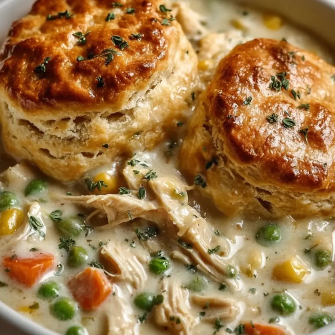 Close-up of a bowl of creamy slow cooker chicken pot pie filling topped with a flaky, golden-brown biscuit and garnished with fresh parsley.
