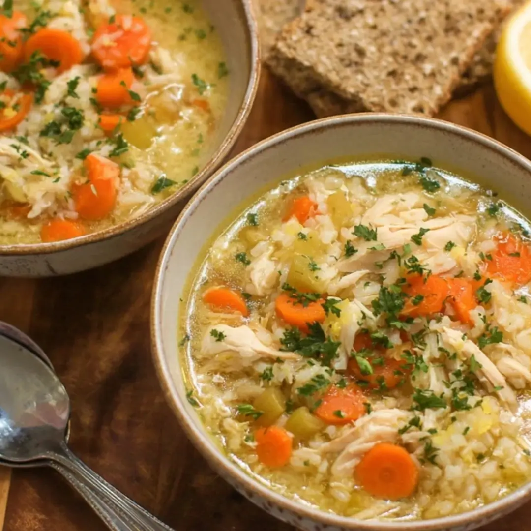 A close-up of a bowl of homemade Crock Pot Chicken and Rice Soup with carrots, celery, shredded chicken, and long-grain rice, topped with fresh parsley.