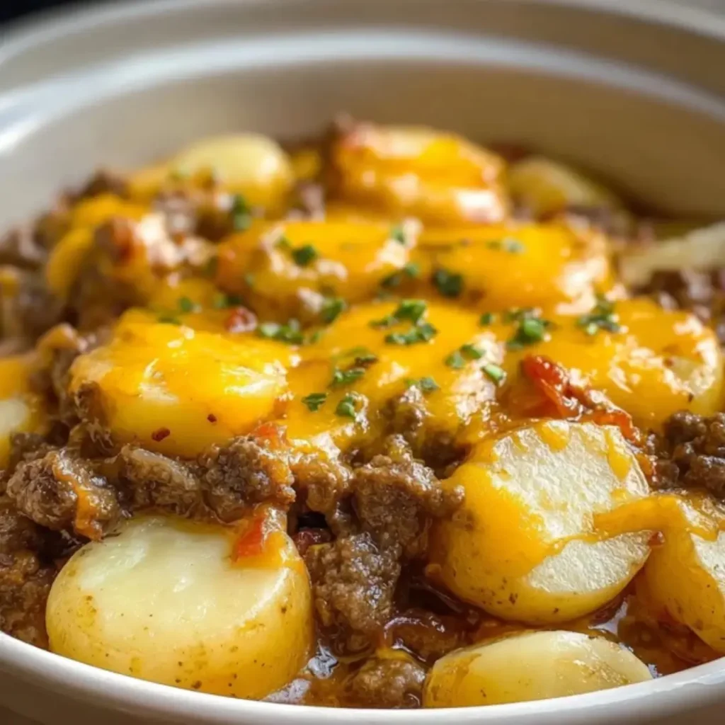 Layered Crockpot Hamburger Potato Casserole with melted cheddar cheese, parsley garnish, and a serving spoon.