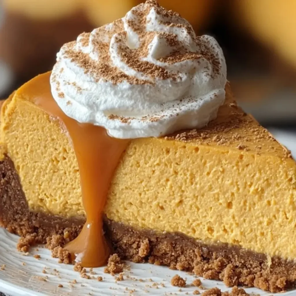 A slice of creamy, crack-free pumpkin cheesecake topped with a layer of white sour cream and a dusting of cinnamon, resting on a graham cracker crust.