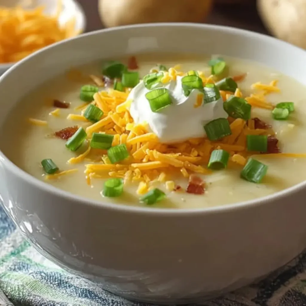 Bowl of creamy baked potato soup topped with shredded cheddar cheese, crumbled bacon, and fresh green onions.
