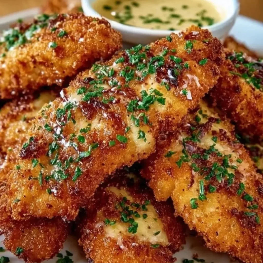 Oven-baked Easy Crack Chicken Tenders coated in ranch and cheese and served on a wire rack with a dipping sauce.