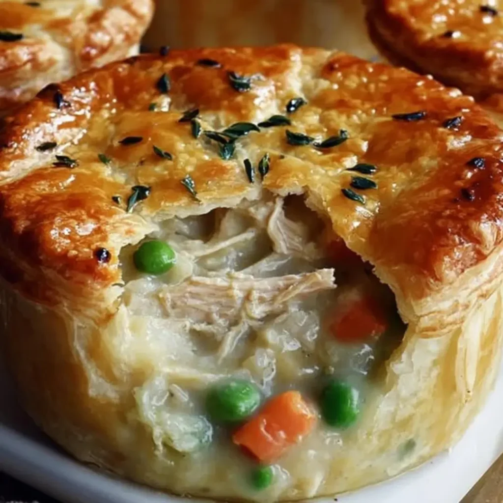 A close-up shot of eight golden-brown mini chicken pot pies baked in a standard muffin tin, featuring flaky biscuit crusts and creamy filling visible at the top.