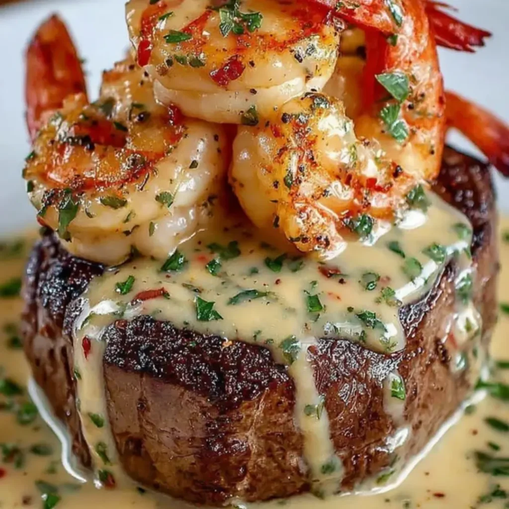 Perfectly seared filet mignon steak topped with a rich, creamy shrimp and lobster sauce, garnished with fresh chopped parsley.