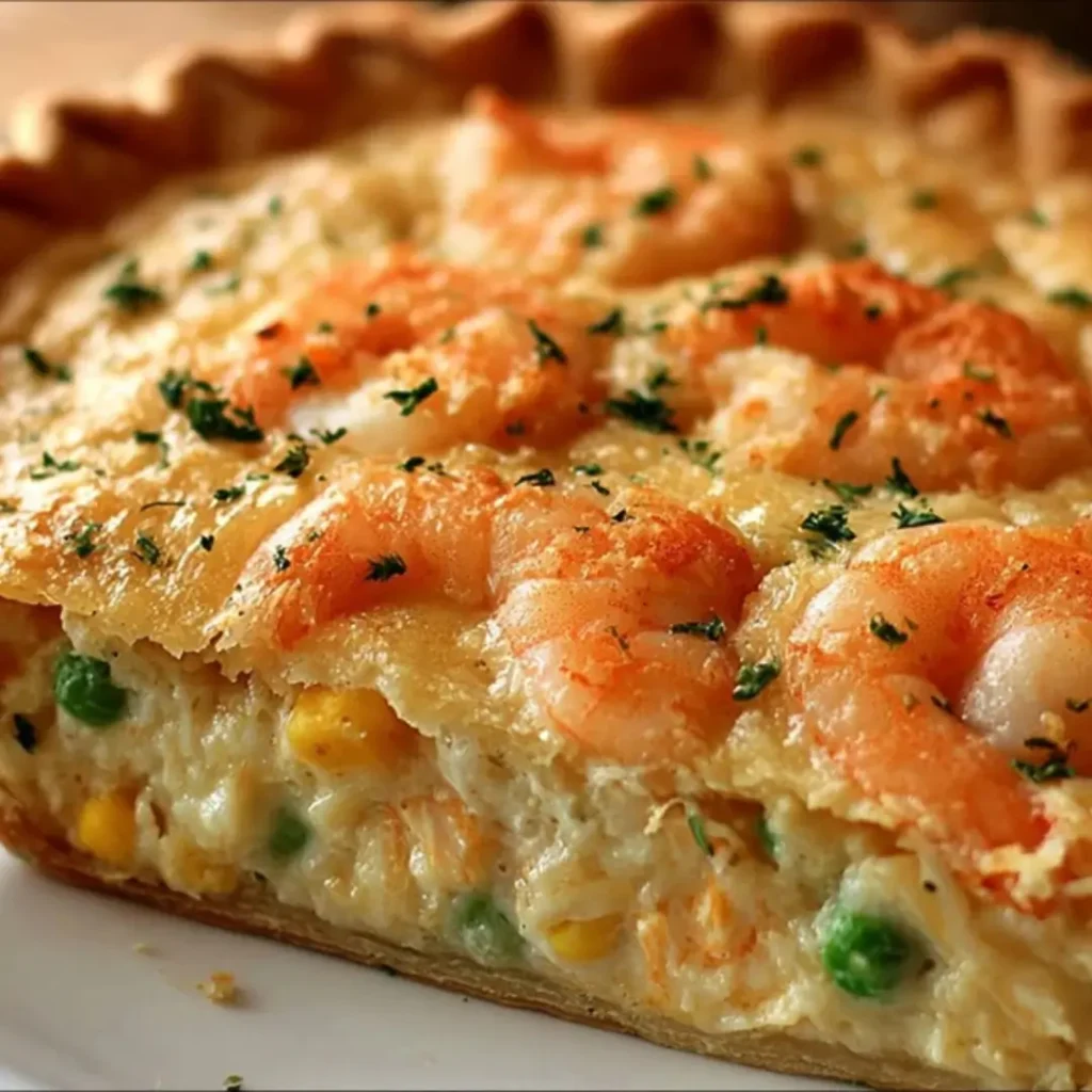 Slice of creamy Florida Shrimp Pie in a pre-baked crust, topped with melted cheese and fresh parsley, served with lemon wedges.