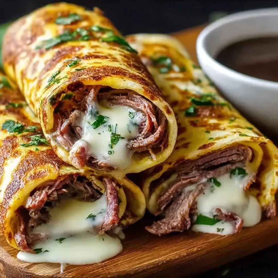 Crispy, baked French Dip Tortilla Roll Ups, sliced diagonally, served with a small bowl of warm beef au jus dipping sauce.