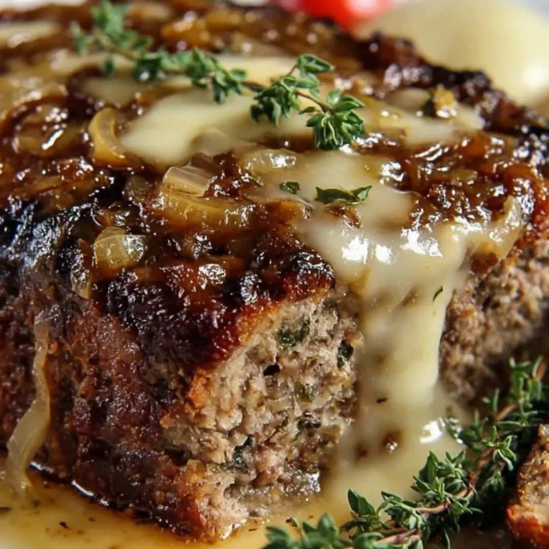 A large, baked meatloaf topped with a blanket of melted, bubbly mozzarella cheese and glossy caramelized onion gravy, ready to be sliced and served.