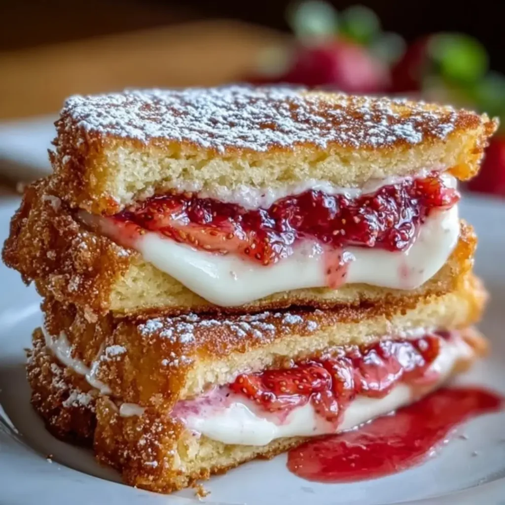 Fried Strawberry Cheesecake Sandwiches served warm and dusted with powdered sugar, showing the creamy filling inside.