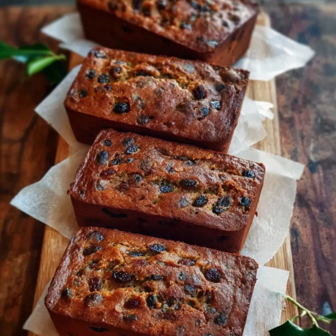 Sliced fruit cake loaf on a cooling rack, showing the moist crumb, plump raisins, and walnuts.